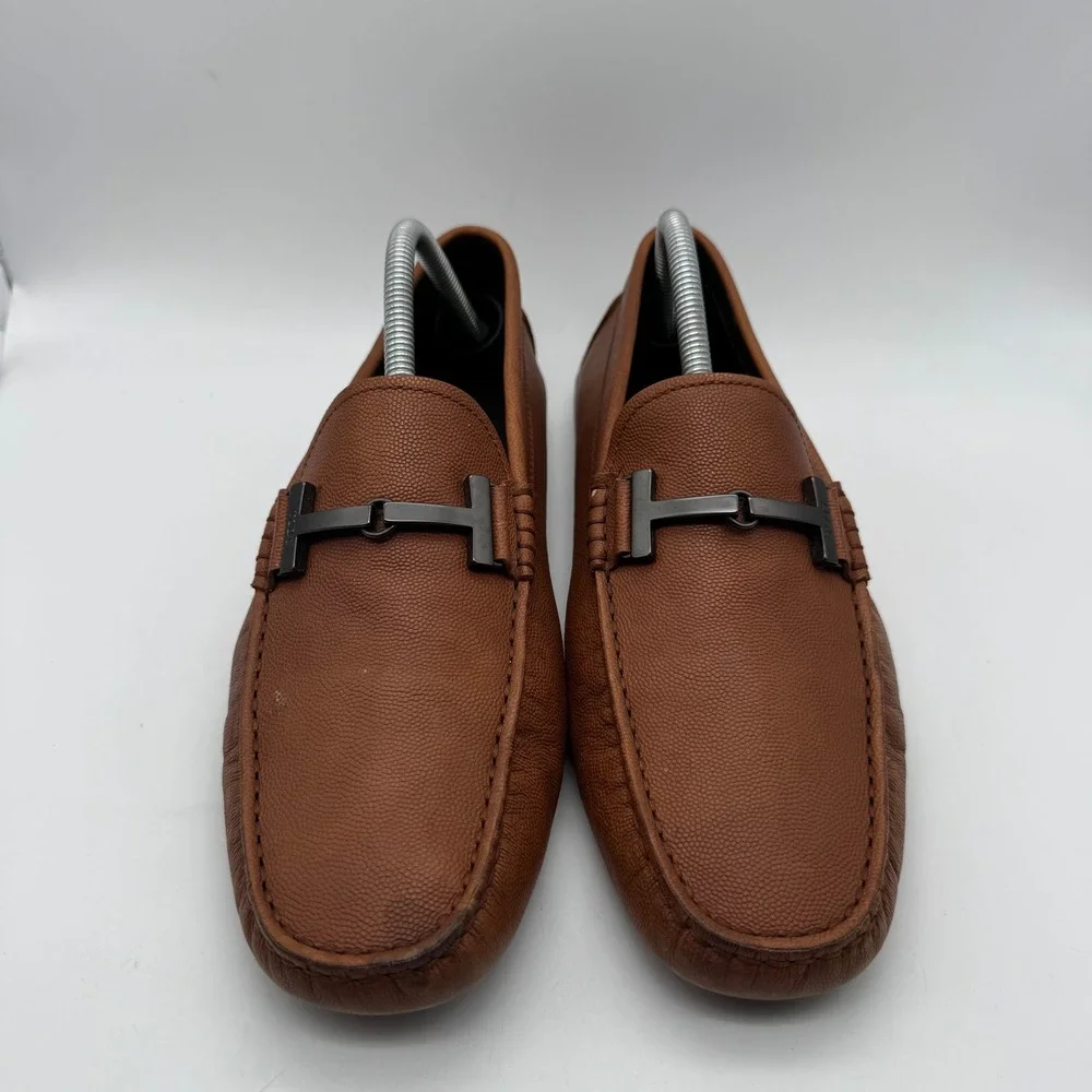 Tods Gommino Driving Loafers Men 8 Tan Brown Pebbled Leather T-Bar Made in Italy